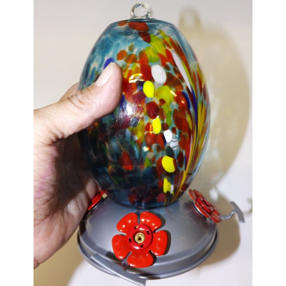 Muse Garden Hand-Blown Glass Hummingbird Feeder Multicolor Red Flower Ports - Picture 5 of 11